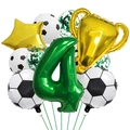 Soccer theme balloon set with number 4, golden trophy, and green sequin latex balloons - Soccer Set Number 4