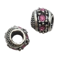 Two silver metal European beads with pink crystals for DIY bracelet making projects - Multi-row Pink Rhinestone Bead