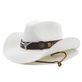 Detail of white straw cowboy hat featuring brown leather band and silver bull skull charm - M (56-58cm) / Pure White