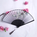Bamboo folding fan with light purple cherry blossom print and elegant grey tassel - Lavender Cherry Blossom Style with Black Ribs (Women's Fan-60)