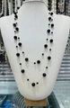 Elegant double-layered long necklace featuring glossy black beads and gold-tone metal chains - Black Pearl + Gold Chain