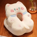Katzenförmiges Plüsch-Mittagsschlafkissen in Cremeweiß mit rosa Pfotenbestickung - V-förmiges Mittagsschlafkissen - Weiße Katze