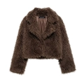 Detail of deep brown faux fur jacket showing lush texture and wide lapel collar - XS / Coffee