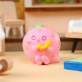 Pink strawberry panda figurine holding a yellow phone handset for desktop decor - A153 Lucky Strawberry