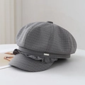 Gray checkered octagonal hat with lace trim and silver logo plate on white background - M(56-58cm) / Blue Plaid (80858 With Logo)