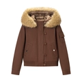 Brown short vintage jacket with detachable faux fur collar and ribbed cuffs for women - S / Dark Brown