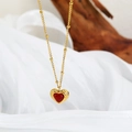 Gold-plated stainless steel necklace with nested heart pendant and red agate gemstone - Red Agate