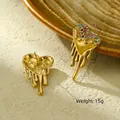 Gold melting heart earrings with colorful zircon inlay, dimensions 2.12cm by 2.68cm - Gold with Colorful Zirconia / Gold