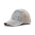 Detailed side view of beige baseball cap featuring high-density silver rhinestones - Beige Grey