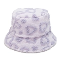 Detail of lavender faux shearling bucket hat featuring purple heart leopard print pattern - Purple / M (56-58cm)