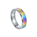 Polished titanium steel ring with a vibrant rainbow striped inlay for a stylish neutral look - US 7 / Silver