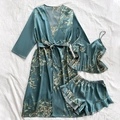 Three-piece satin floral loungewear set with teal robe, camisole, and ruffled shorts - S / Green