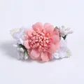 Detail of handmade fabric flower clip with pink petals, white pearls and green leaves - Style 6 (Large Pink Flower)