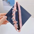Detail of pink lace headband featuring five handmade flowers with pearl bead centers - Hair Band / Pink Floral