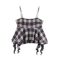 Women's blue and white checkered crop top with thin straps and layered ruffle hem - S / Blue White Plaid