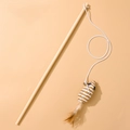 Interactive cat wand toy with wooden rod, woven mouse pendant and natural feathers - Paper Rope Mouse