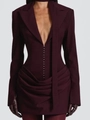 Deep burgundy blazer neck slim fit dress with metallic hook closure and waist pleats - XS / Burgundy
