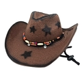 Brown straw cowboy hat with black stars, colorful beads and adjustable chin strap - M (56-58cm) / Coffee