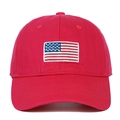 Close-up of American flag embroidery on red cotton twill baseball cap with fine stitching - Rose Red