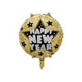 Ballon rond doré Happy New Year en aluminium avec motifs d'étoiles noires et blanches - 18 Pouces Rond Éclat d'Étoiles du Nouvel An