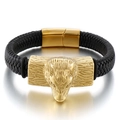Men's braided leather bracelet featuring a gold wolf head charm and magnetic clasp - 21CM Gold