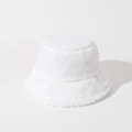 Detail showing the soft texture and thick faux fur fabric of this white winter bucket hat - White