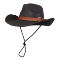 Classic black straw cowboy hat with brown faux leather band and adjustable wind rope for sun protection - M (56-58cm) / Black