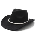 Detail view of a black suede cowboy hat with elegant white pearl decorative band - M (56-58cm) / Black