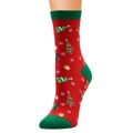 Detail of red Christmas socks with green heel and toe featuring festive tree patterns - Red