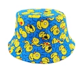 Close-up detail of blue cotton bucket hat featuring all-over yellow cartoon duck pattern - Blue Emoji Duck