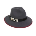 Dark grey felt cowboy hat with pearl flower band and burgundy trim edge detail - M (56-58cm) / Gray (88 Series Pearl Flower Decor)
