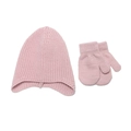 Set invernale in maglia rosa per bambini con cappello paraorecchie e muffole coordinate - Rosa