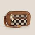 Portefeuille bracelet en cuir PU marron avec motif damier noir et blanc et trois zips dorés - Damiers Marron