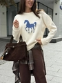 Sudadera gruesa de cuello redondo en crema con estampado de caballo azul para otoño - S / Albaricoque (Fino)