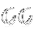 Elegantes pendientes de aro doble de acero inoxidable plateado con diseño geométrico - Oro de 18K / Color Acero