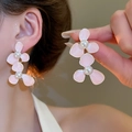 Pink tiered floral drop earrings with pearl center detail shown on a model - 97# Silver Pin - Gold Pink