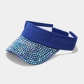 Detail of royal blue sun visor hat with sparkling multi-color rhinestones on the brim - Adjustable / Blue