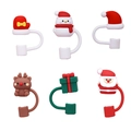 Detail view of 6 silicone Christmas straw toppers featuring Santa, snowman, and reindeer - Set of 6