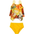 Two-piece girls bikini with tropical floral ruffle top and high waist yellow bottoms - 152 / Yellow Mesh