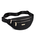 Minimalist black nylon waist bag for women with gold zippers and adjustable strap - Black (3 Zippers)