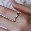 Elegant gold ring with white pearl flowers and pink and green gemstones for women - Adjustable Open / Elegant Pearl Flower Cluster (J5673)