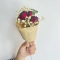 Mini dried flower bouquet with red rose, gypsophila and eucalyptus in newspaper wrap - Vintage Mini Neon Rose