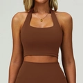 Soutien-gorge de sport marron foncé à col carré et tissu sans couture élastique - Brun Sable