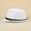 Close-up of woven straw texture with black leather band and silver buckle on white fedora - Kids 54cm / White