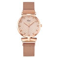 Detail showing the rose gold sunburst dial with Arabic numerals and metallic mesh band - Gold