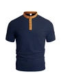 Slim fit heren gebreid henley t-shirt in marineblauw en geel met korte mouwen - S / Marineblauw