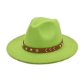 Close-up of wool fedora with brown leather band and silver metal stud embellishments - M (56-58cm) / Fruit Green