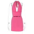 Pink halter top and mini skirt set with deep V-neckline and bodycon fit for women - S / Hot Pink