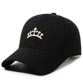 Classic black cotton baseball cap featuring a distinctive white crown embroidery on front - Adjustable / Black