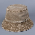 Detailed shot of tan washed denim bucket hat featuring vintage distressed texture and JHMY logo - M (56-58cm) / Khaki